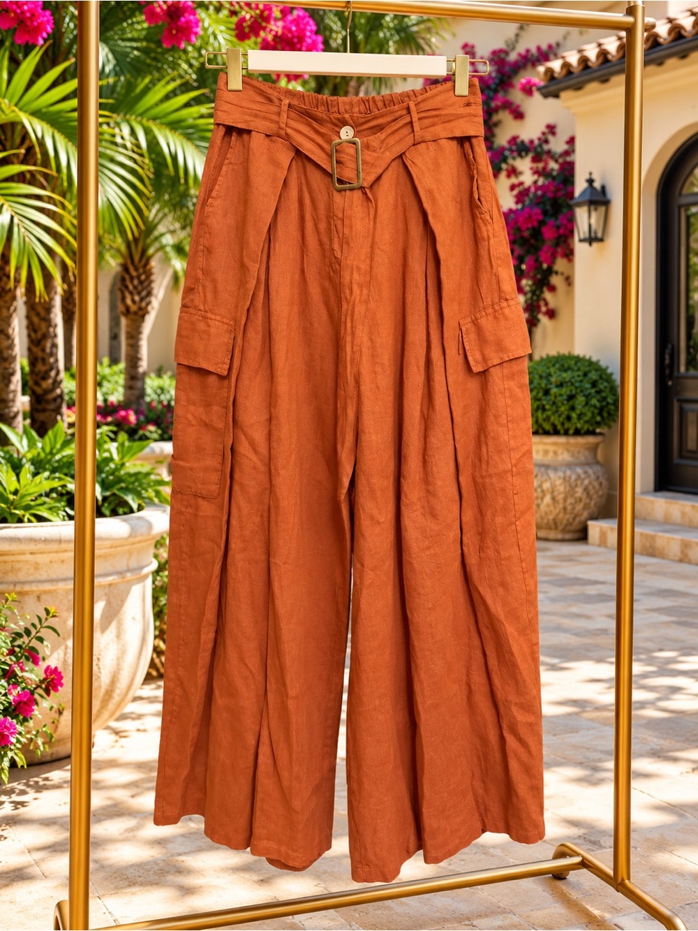 Puro Lino Made in Italy Wide-Leg Linen Cargo Pants with Tie Waist - OS